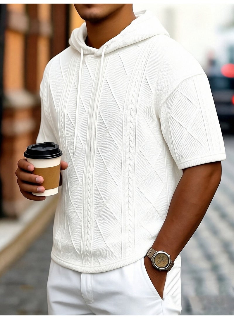 تيشيرت رجالي أبيض بغطاء رأس، بأكمام قصيرة، مزين بنسيج، برباط، مناسب للصيف - Image 2